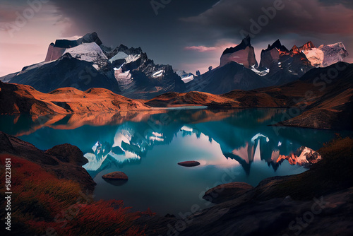 Mountain peak reflected in tranquil pond water ,generative AI © Jeronimo Ramos