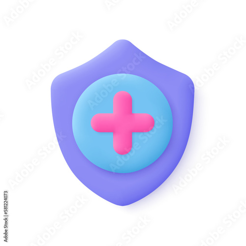 Shield with medical cross symbol. Health care, health insurance concept. 3d vector icon. Cartoon minimal style.