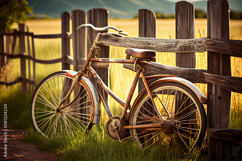 Outdoor fence wood and bicycle old fashioned scene ,generative AI Outdoor fence wood and bicycle old fashioned scene ,generative AI