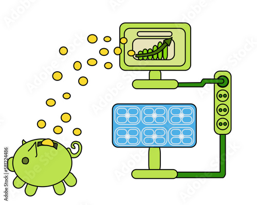 A solar cell powering a computer making a profit into a piggy bank