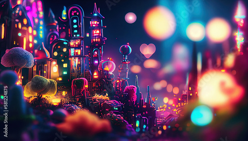 Vibrant and Nostalgic whimsical fairy cityscape with detailed neon lights and reflections, flowers, and technology gadgets, a full shot of a towering skyscraper in the center - Generative AI