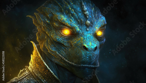 Fotografija A reptilian figure with glowing yellow eyes
