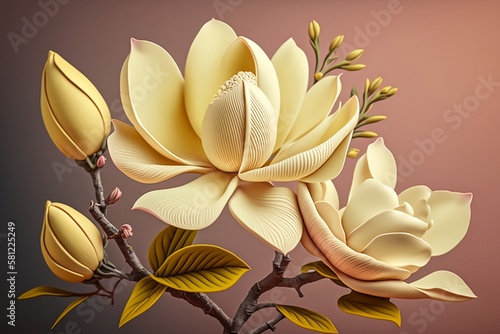 Realistic delicate yellow magnolia. Beautiful spring flower. Generative AI.