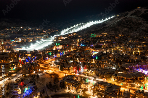 Night skiing and city lights in mountain town Steamboat Springs, Colorado landscape