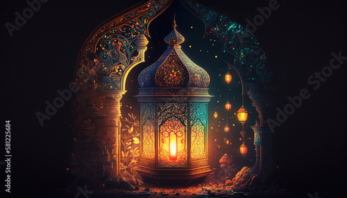 Ramadan Nights  The Warm Glow of Mosque Lanterns and Lights generative ai