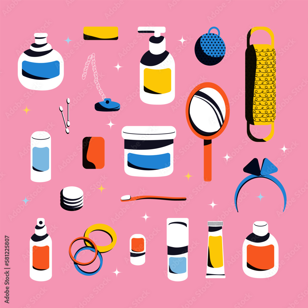 Seamless pattern with bath accessories and care products. Toiletry collection. Personal hygiene items. Trendy minimal vector illustration
