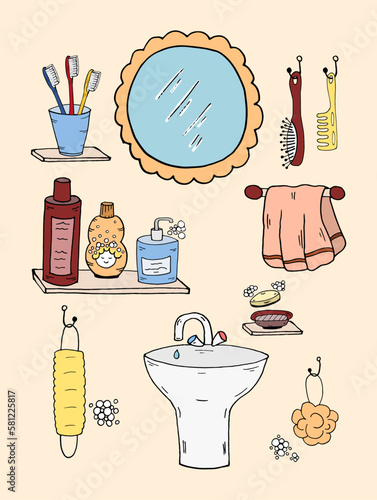 Washbasin wall doodle. Hygiene set. Bathroom personal hygiene. Wash Vector Bath procedures items.