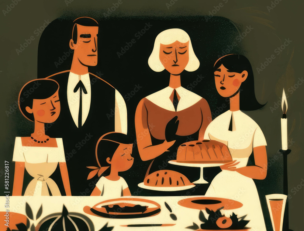 A joyful family gathered around a holiday feast. AI generation. A joyful family gathered around a holiday feast. AI generation.