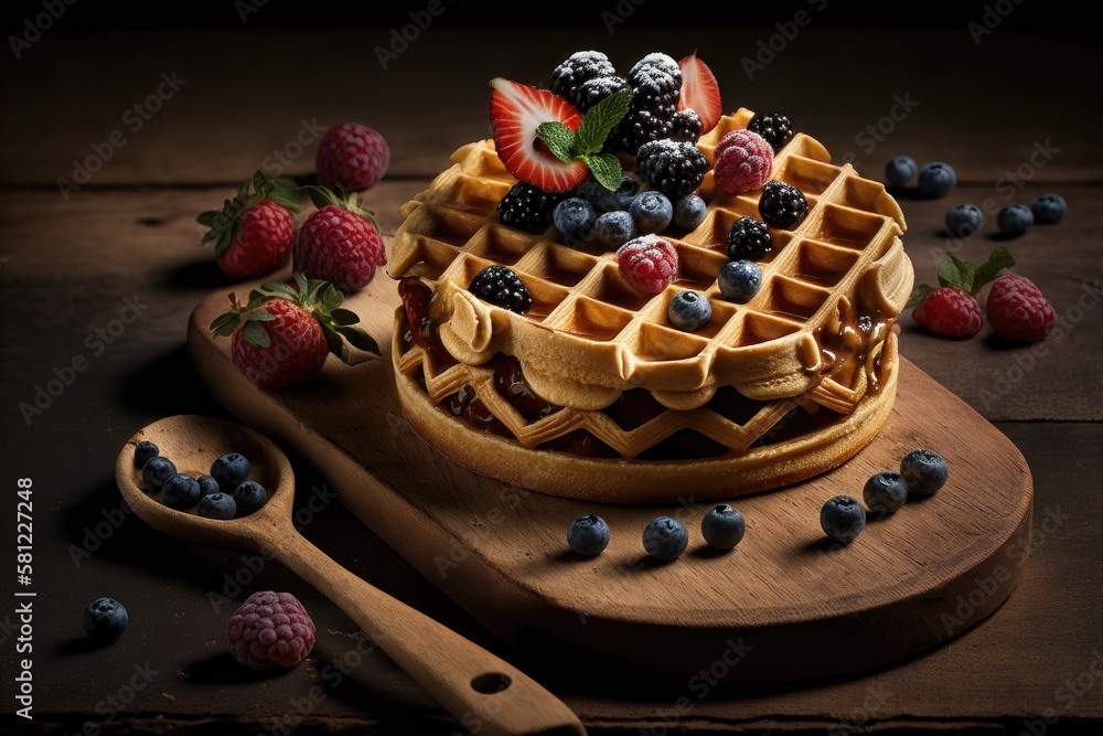Freshly baked stack of belgian waffles with berries on wooden cutting board. AI generation