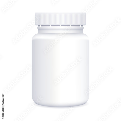 Mockup of plastic pill bottle isolated on white background. Vector illustration.