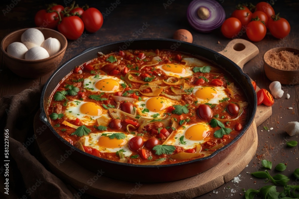 Shakshouka, dish of eggs poached in a sauce of tomatoes. AI generation