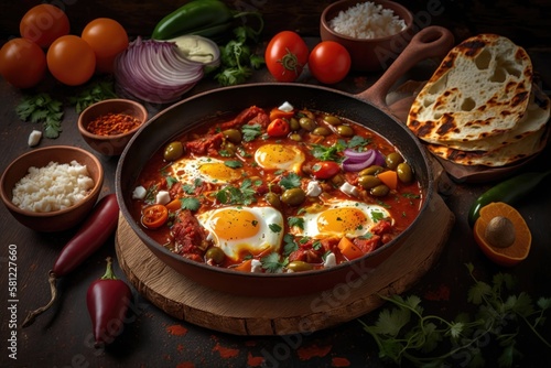 Shakshouka, dish of eggs poached in a sauce of tomatoes. AI generation