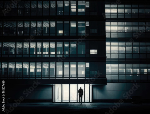 A lone figure standing in an illuminated office building late at night. AI generation.