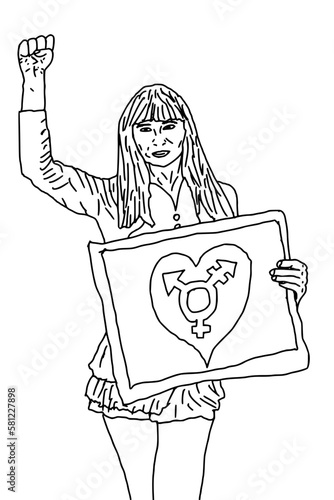 Trans sexual trans gender person holding a poster with trans symbol