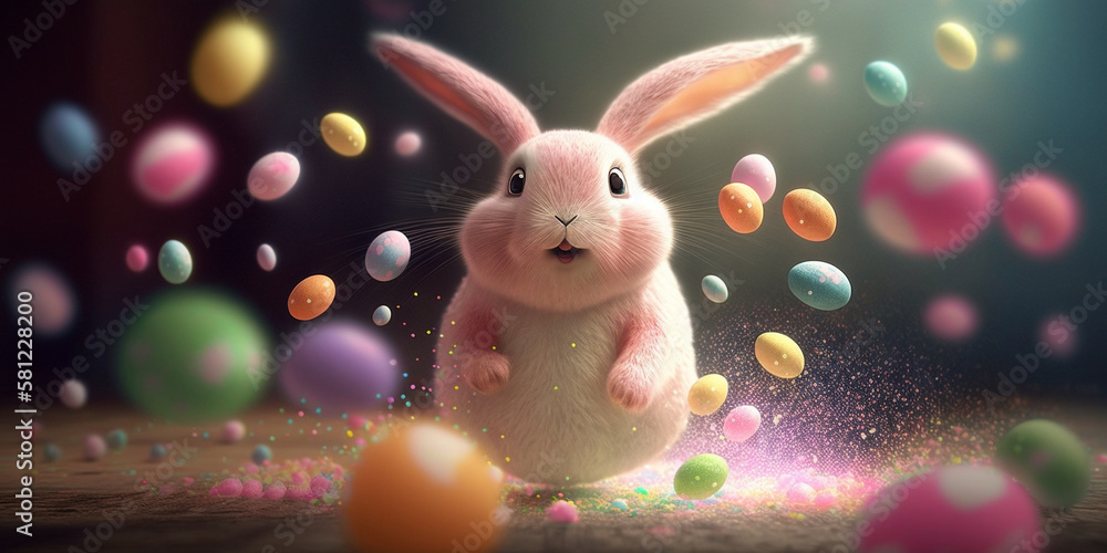 Cutest easter bunny, jumping with joy around easter eggs Cutest easter bunny, jumping with joy around easter eggs