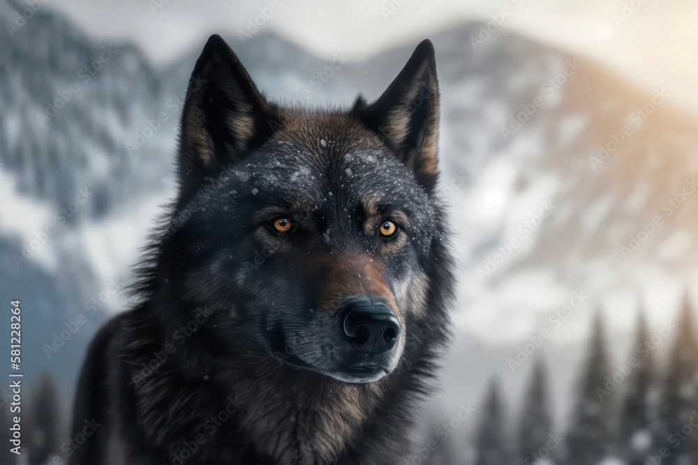 Portrait of a black wolf under snowfall in winter. Generative AI. Portrait of a black wolf under snowfall in winter. Generative AI.