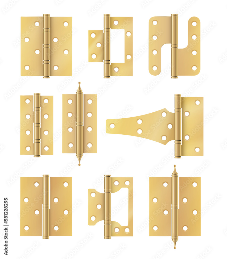 Golden door hinges construction hardware. Realistic set of gold tools for joint gates and