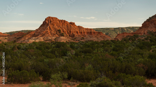 Panoramic view of backcountry in Caprock Canyons State Park in west Texas landscape during golden hour sunset