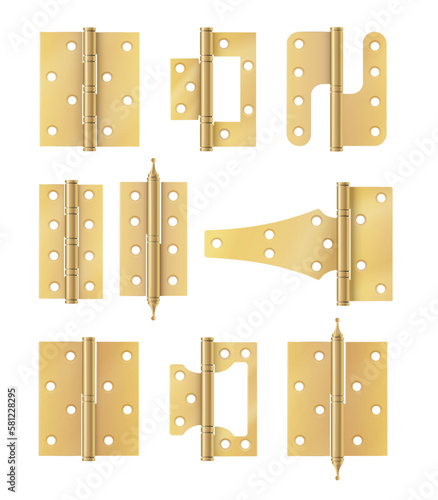 Golden door hinges construction hardware. Realistic set of gold tools for joint gates and windows.metal hinges for house and furniture. vector