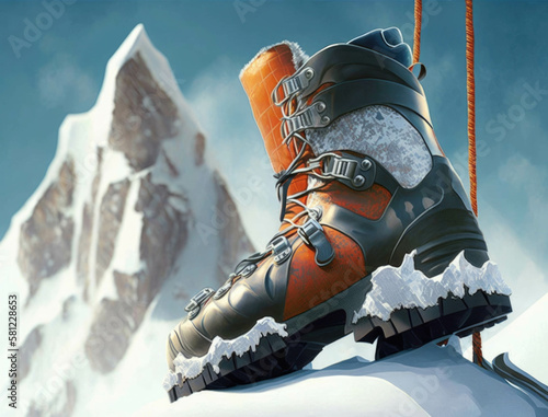 A closeup of a skiers boots standing atop a frozen snowcovered peak. Lifestyle concept. AI generation.