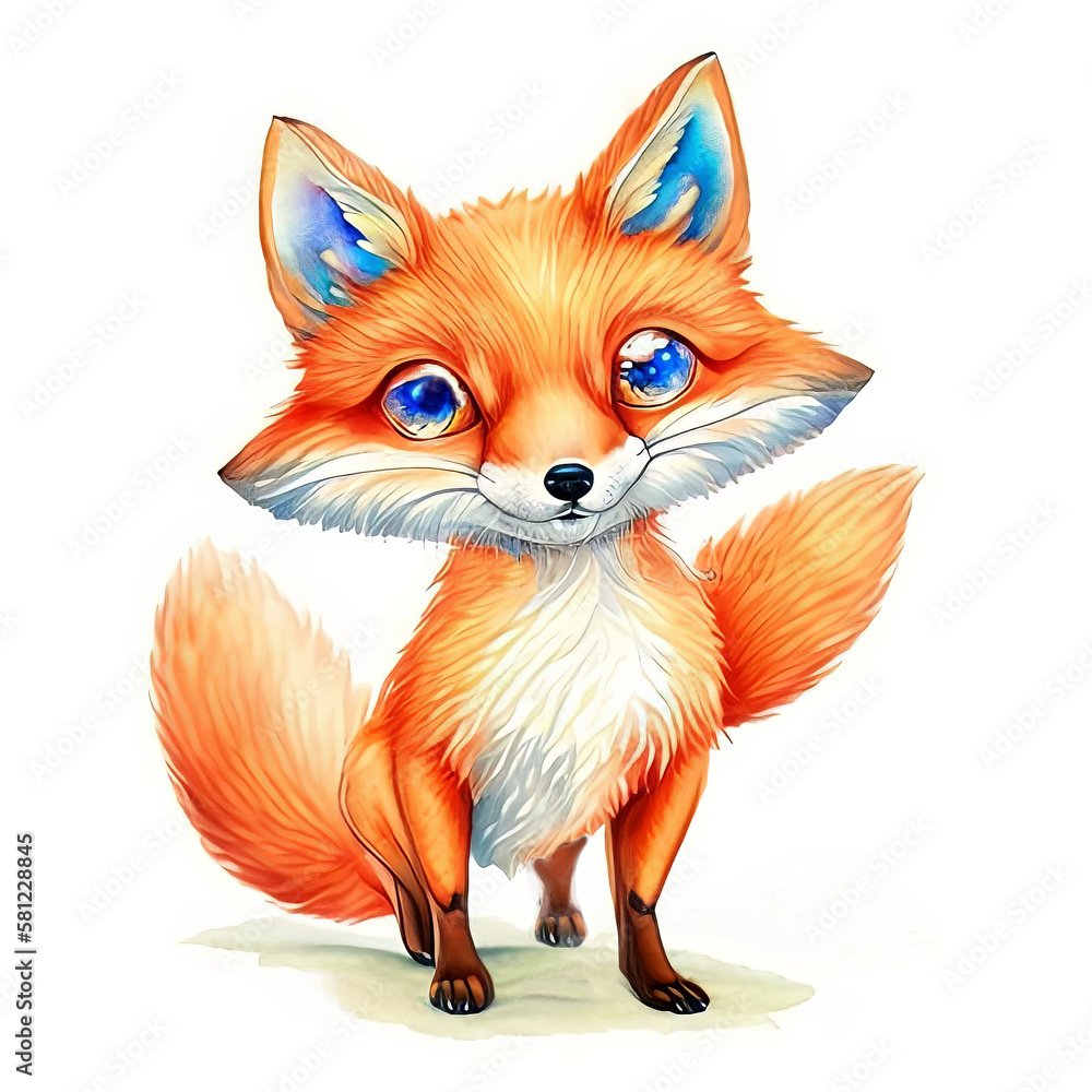 Fototapeta premium Watercolor Children Book Illustrations, Cute fox standing with white background, created with Generative AI technology 