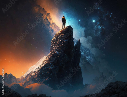 A lone figure stands atop a remote mountaintop looking up towards the stars with an air of awe and reverence. Lifestyle concept. AI generation.