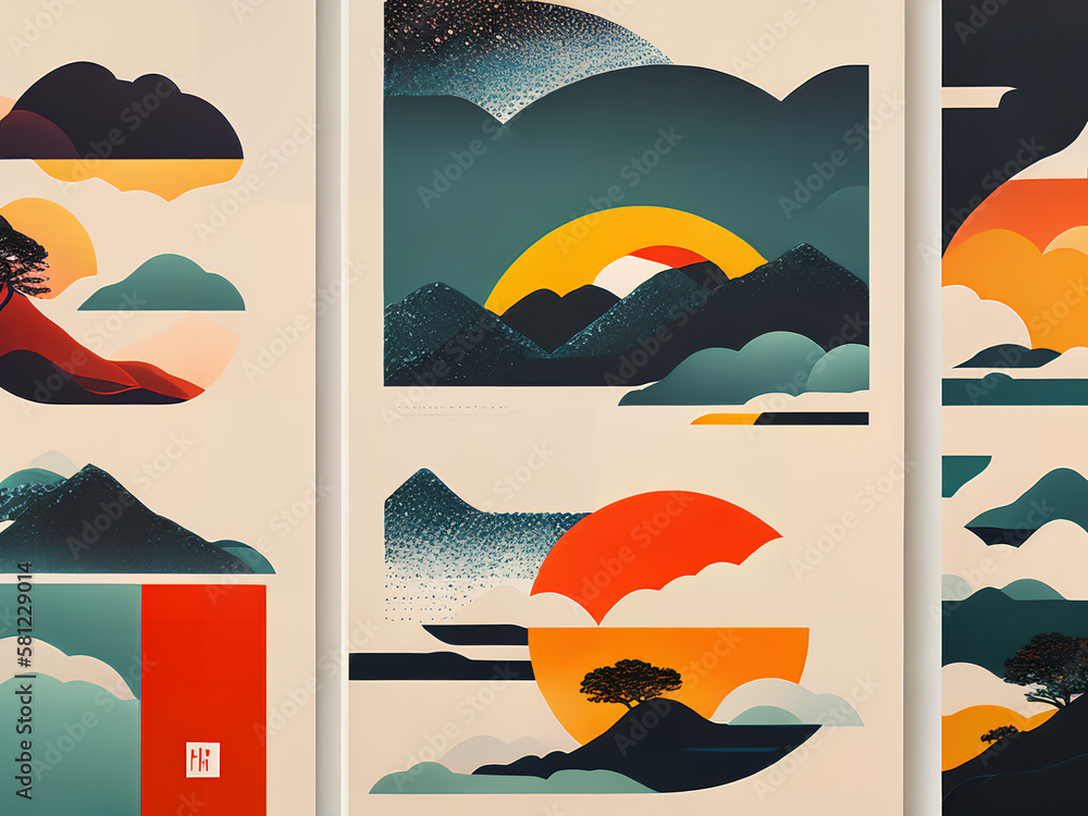 Abstract Japanese Posters, an abstract mid-century modern collage of random shapes, created by AI