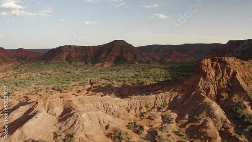 Revealing shot of valley floor Texas landscape during sunset at Caprock Canyons State Park - 4K Drone