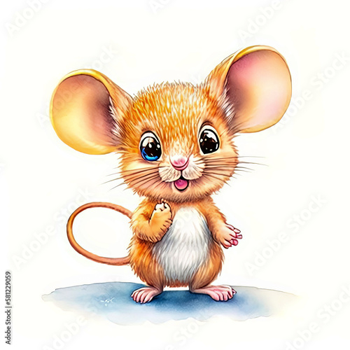 Watercolor Children Book Illustrations, Cute mouse standing on hind paws with white background, created with Generative AI technology 