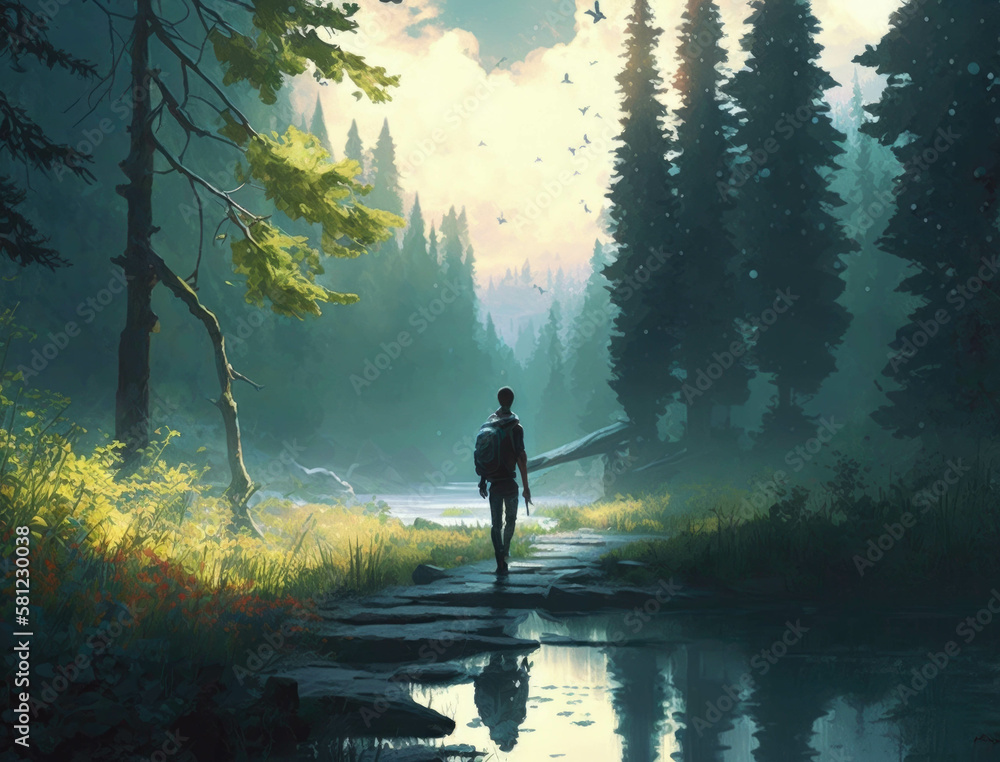 A person taking a peaceful walk in nature feeling the connection with the world around them and feeling refreshed. Lifestyle concept. AI generation. A person taking a peaceful walk in nature feeling the connection with the world around them and feeling refreshed. Lifestyle concept. AI generation.