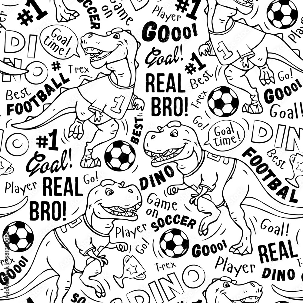 Coloring. Art. Football pattern. Cute dinosaur plays soccer. Print on a wite background. Design for kids.  prints, nursery closing, fabrics. Vector illustration. T-rex dinosaur