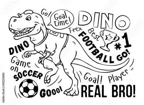 Art. Coloring. football print. Cute dinosaur plays soccer on a white background. Design for kids poster, T-shirt, prints, nursery closing, fabrics. vector illustration. T-rex