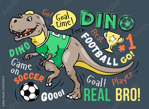Art. Football print. Cute dinosaur plays soccer on a gray background. Design for kids poster, T-shirt, prints, nursery closing, fabrics. Vector illustration. T-rex