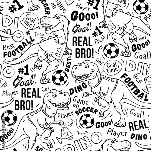 Coloring. Art. Football pattern. Cute dinosaur plays soccer. Print on a wite background. Design for kids.  prints  nursery closing  fabrics. Vector illustration. T-rex dinosaur