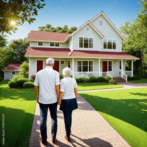 happy old couple in front of at the new house