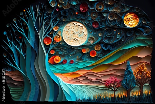 Colorful landscape oil painting background with space for text, full moon - Generated by Generative AI