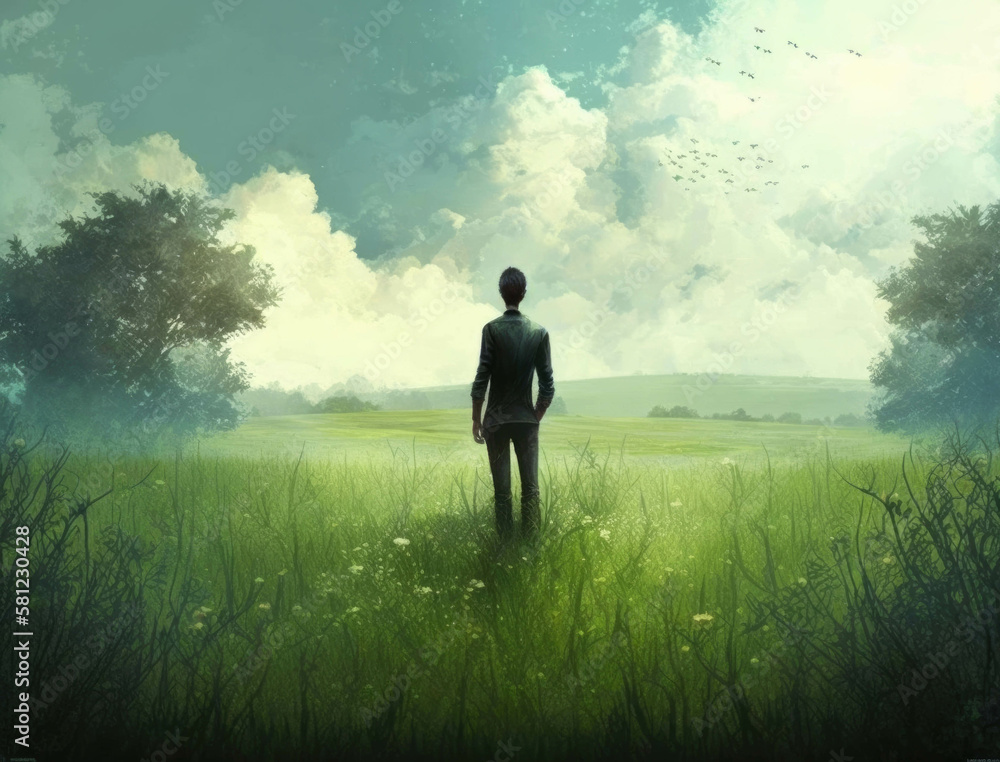 A man standing in a peaceful meadow surrounded by lush greenery breathing in the fresh air. Lifestyle concept. AI generation. A man standing in a peaceful meadow surrounded by lush greenery breathing in the fresh air. Lifestyle concept. AI generation.