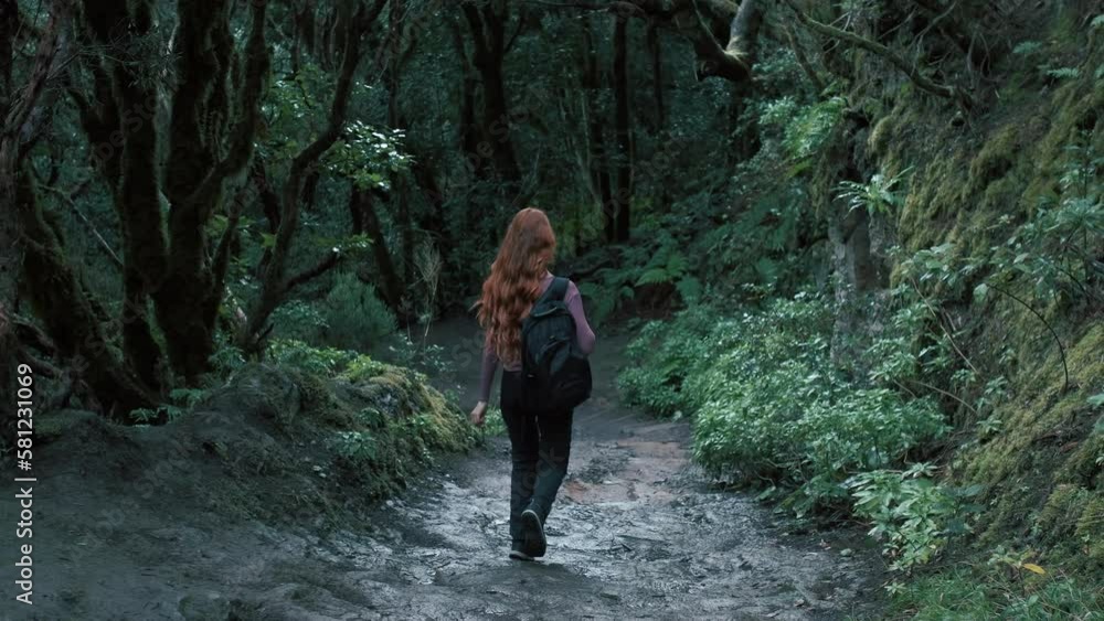Woman is walking in an enchanted forest. Redhead girl with a long hair. Woman is walking in an enchanted forest. Redhead girl with a long hair.