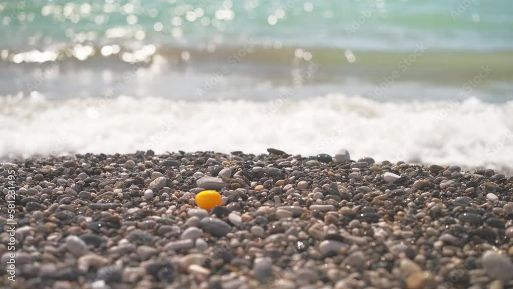 Beautiful surf on a hot afternoon on a pebble beach in the Aegean Sea, kumquat fruit washed up from the sea to the beach, 4k live video, selective focus on citrus Beautiful surf on a hot afternoon on a pebble beach in the Aegean Sea, kumquat fruit washed up from the sea to the beach, 4k live video, selective focus on citrus