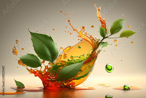 Orange juice splash with green leaves. 3d render, 3d illustration.. Generative AI technology. photo