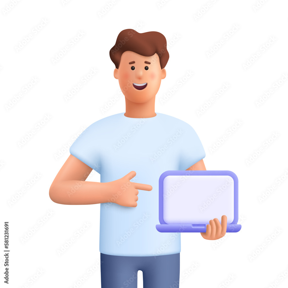 Young smiling man holding and pointing at blank screen laptop computer. Distance and e-learning education concept. 3d vector people character illustration. Cartoon minimal style.
