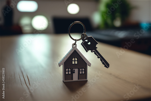 concept of real estate, moving homes, or renting properties through a house-shaped keychain holding a key, generative ai, © olga_demina