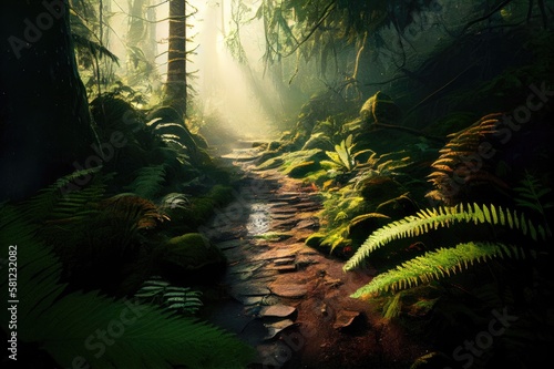 Spring Morning Forest Trail Path Scene with Lush Ferns Moss Trees Rocks Streams Inspired by Pacific Northwest Rainforests Washington State Background Image © DigitalFury
