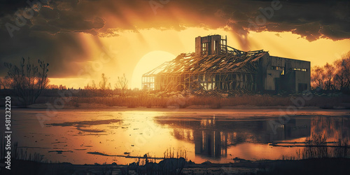 Dramatic sunset at Chernobyl nuclear power plant - Generative AI