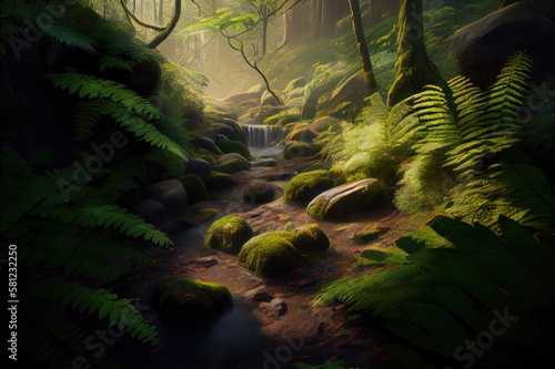 Spring Morning Forest Trail Path Scene with Lush Ferns Moss Trees Rocks Streams Inspired by Pacific Northwest Rainforests Washington State Background Image