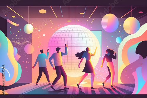 People dancing in club. Disco ball reflecting colourful laser beams across the room. Happy concept, abstract background, pastel color, psycho waves concept, flat illustration. Generative AI