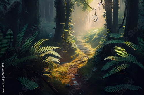 Spring Morning Forest Trail Path Scene with Lush Ferns Moss Trees Rocks Streams Inspired by Pacific Northwest Rainforests Washington State Background Image