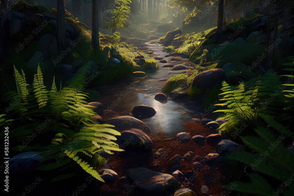 Spring Morning Forest Trail Path Scene with Lush Ferns Moss Trees Rocks Streams Inspired by Pacific Northwest Rainforests Washington State Background Image Spring Morning Forest Trail Path Scene with Lush Ferns Moss Trees Rocks Streams Inspired by Pacific Northwest Rainforests Washington State Background Image