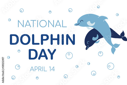 National dolphin day background. Horizontal poster template with typography and two mammals. Flat style vector illustration isolated on white backdrop