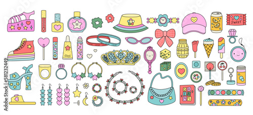 Big set y2k fashion and food elements in trendy retro cartoon style. Sandals, sneakers, ice cream, sunglasses, earrings, beaded choker, 90s stickers. 